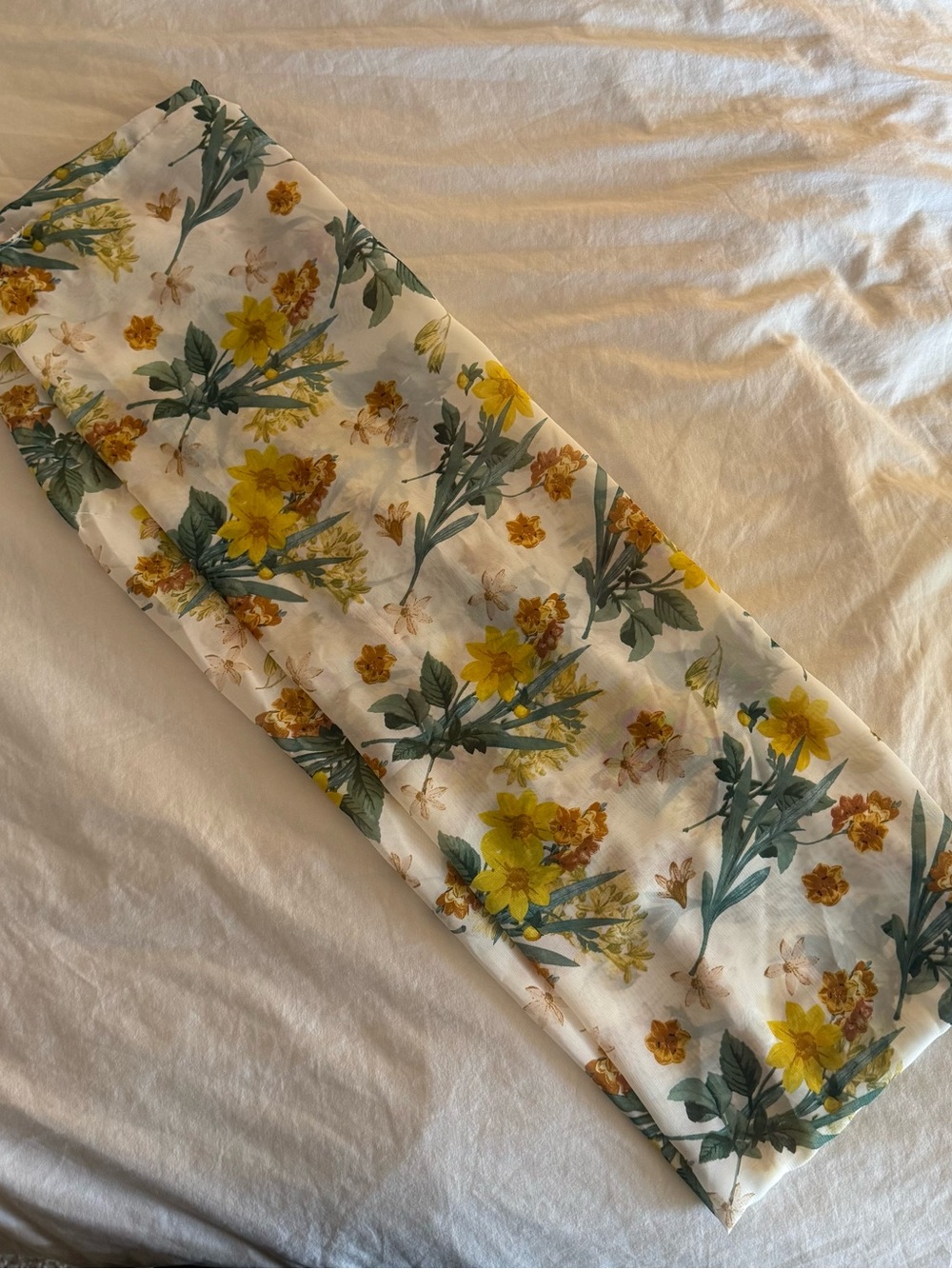 Vintage White Floral Scarf with Yellow & Green Botanical Print